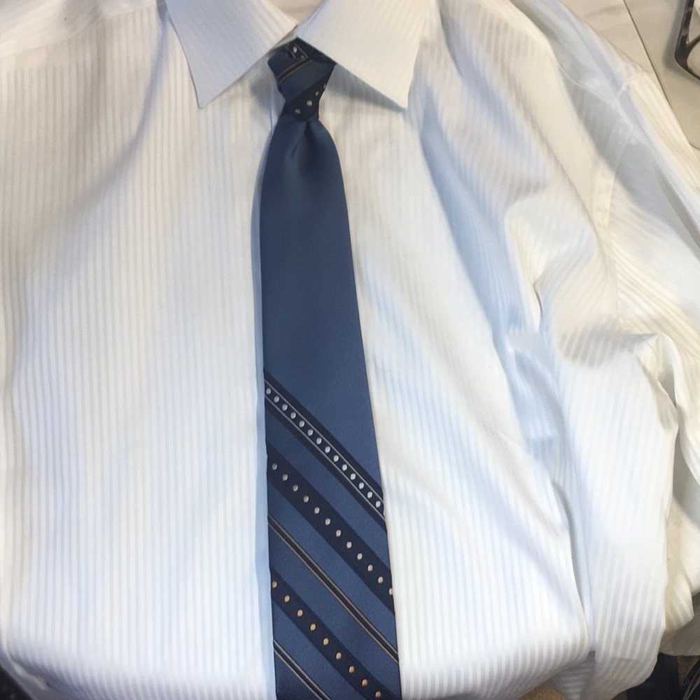 Oscar de la Renta Vintage blue polkadot diagonal striped blue white and gold tie